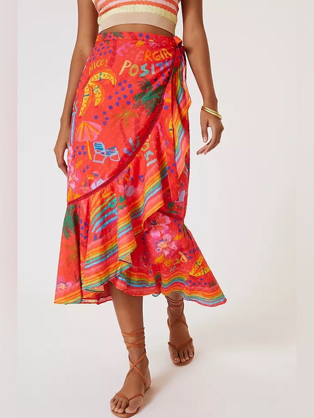 Anthropologie Farm Rio Wrap Maxi Ruffle Skirt Red Summer Beach Vibes Print M NWT - Picture 2 of 12